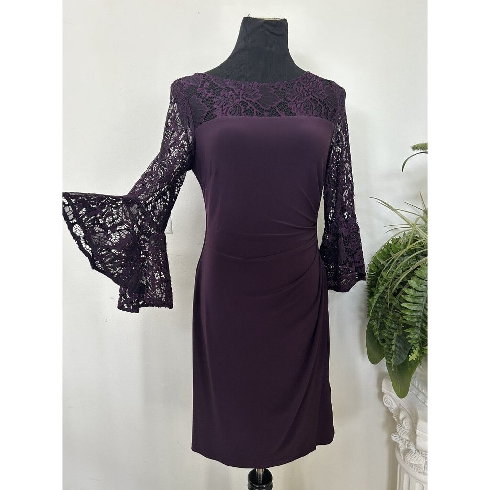 NWT Lauren Ralph Lauren Women's Lace Bell Sleeve Ruched Purple Dress Size 10P